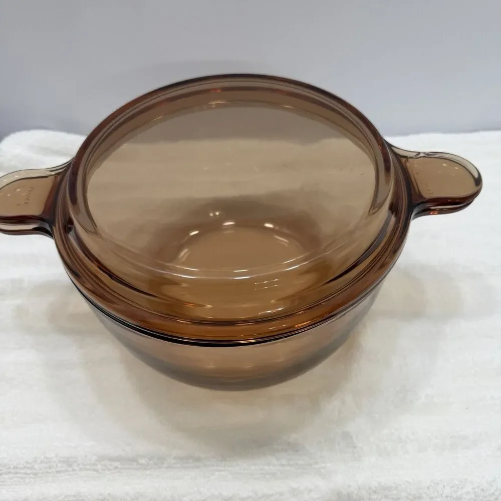 Vintage Vision Corning Amber Covered Casserole Baking Dish w/ Flat Lid France